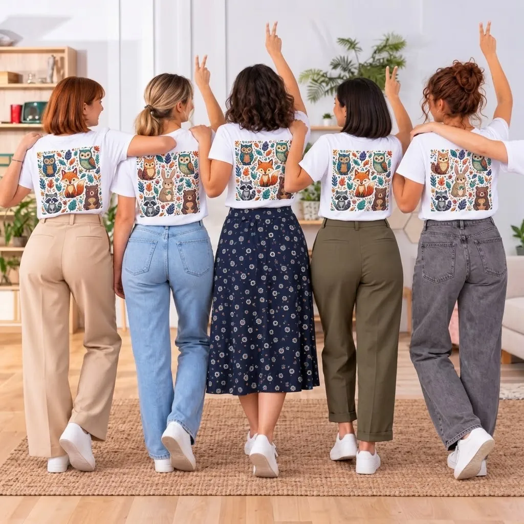 Grupo de amigas con camisetas blancas personalizadas con estampación en la espalda