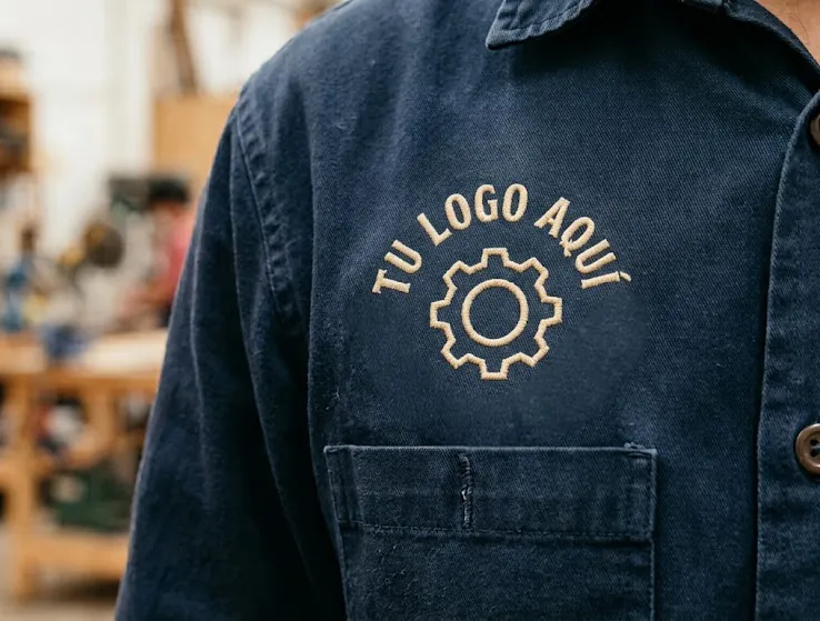 Chaqueta de trabajo azul con un logotipo personalizado en el pecho